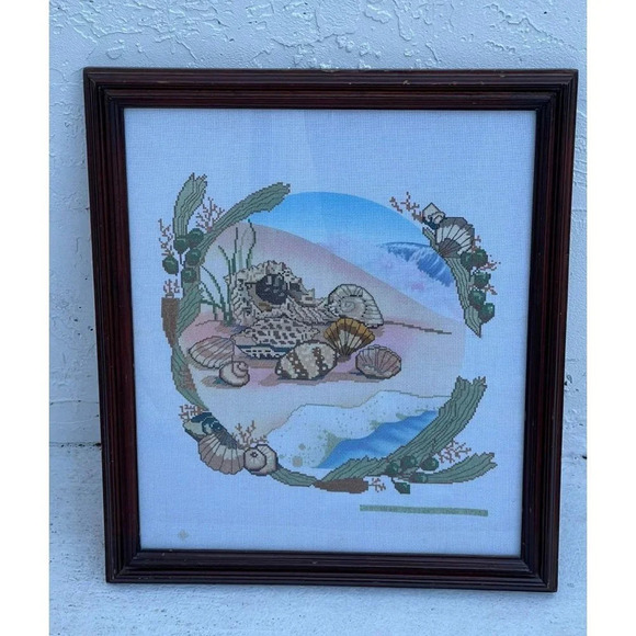 Something Special Ocean Beach Shell Scene Cross Stitch Kit Completed Frame 22x19 - Picture 1 of 9